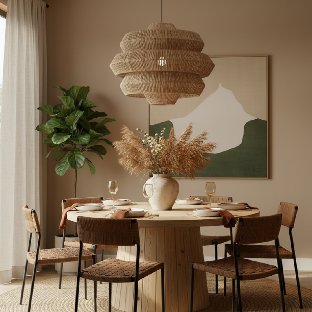 Wabi-sabi style woven rattan pendant light for dining room-Naiadis