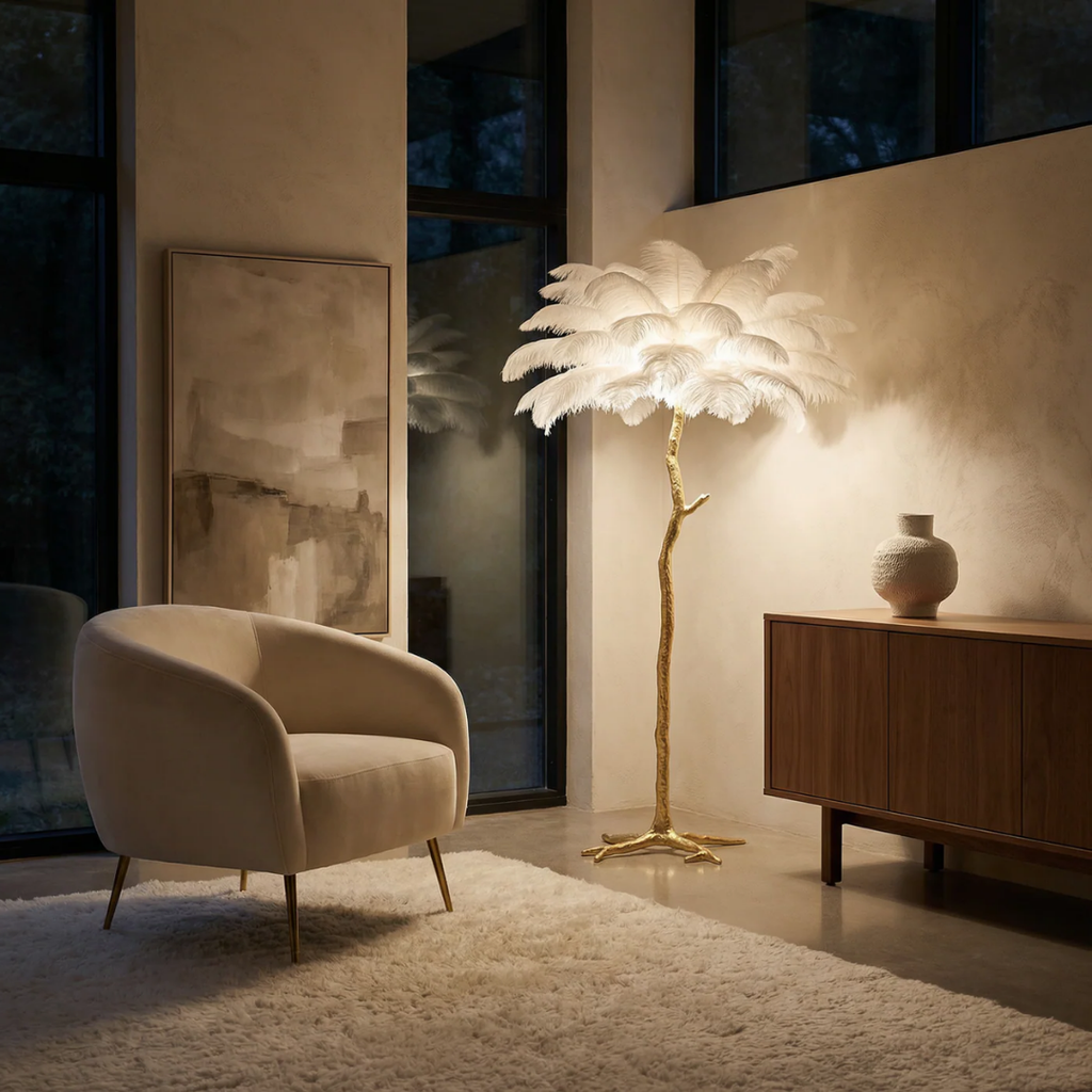 Feather Floor Lamp Glamorous Atmosphere Artisanal Elegance – Plumo