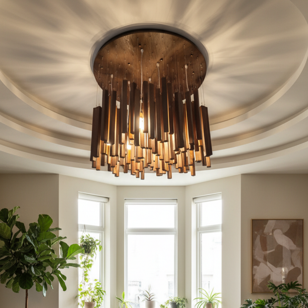Zénithar – Pendant Light in Gilded Wood for Living Room