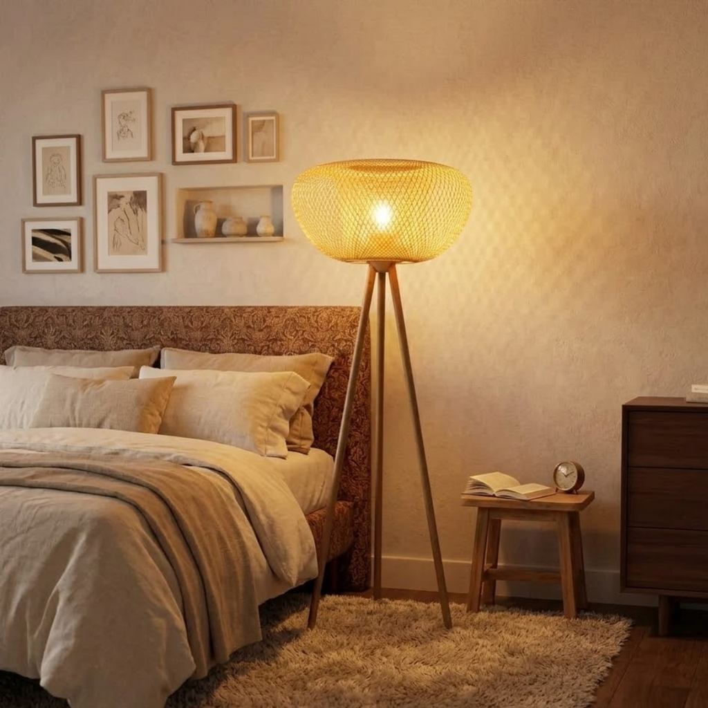 Rattan and black metal floor lamp for living room – Rotanique