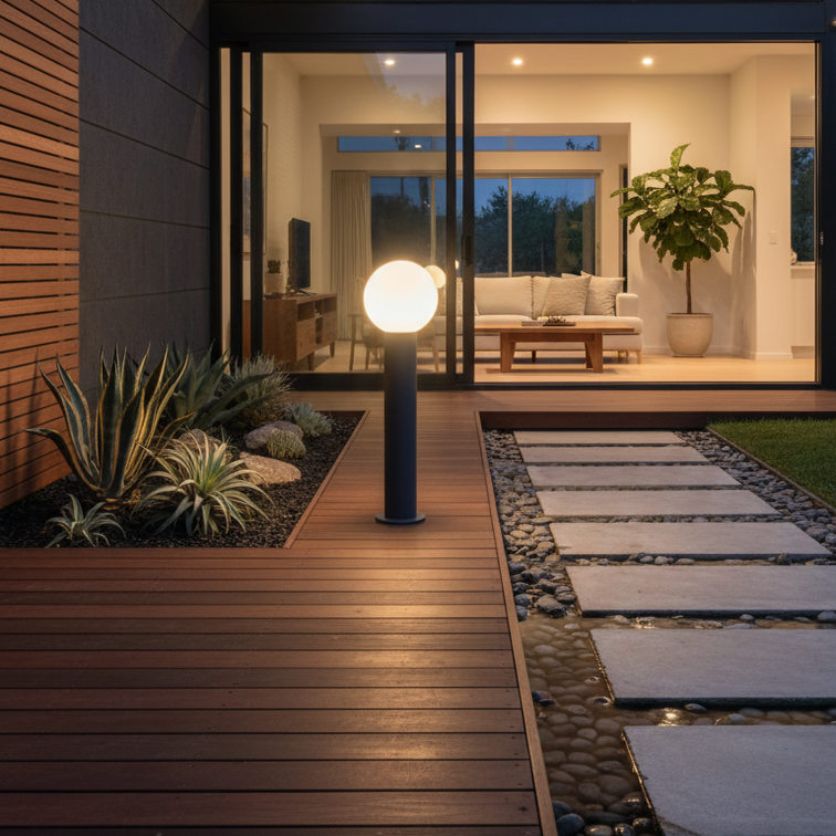 Spherical LED garden lamp in black metal – Orbiron